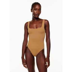 BABATON Tan Beige Brown Contour Tank Square Neck Bodysuit Stretch NEW Fitted M